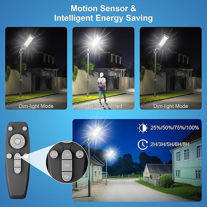 8500W Solar Street Light Outdoor Waterproof, 250000LM Large Commercial Light Solar Powered Dusk to Dawn LED Security Flood Lights with Remote/Motion Sensor, IP67 for Parking Lot/Garden/Yard