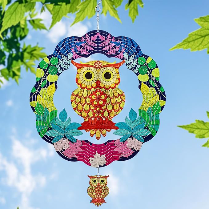 TUOKING Owl Wind Spinners Outdoor Metal 3D Hanging Art Wind Spinner 12 Inch Stainless Steel for Yard and Garden Decoration Worth Gift for Women