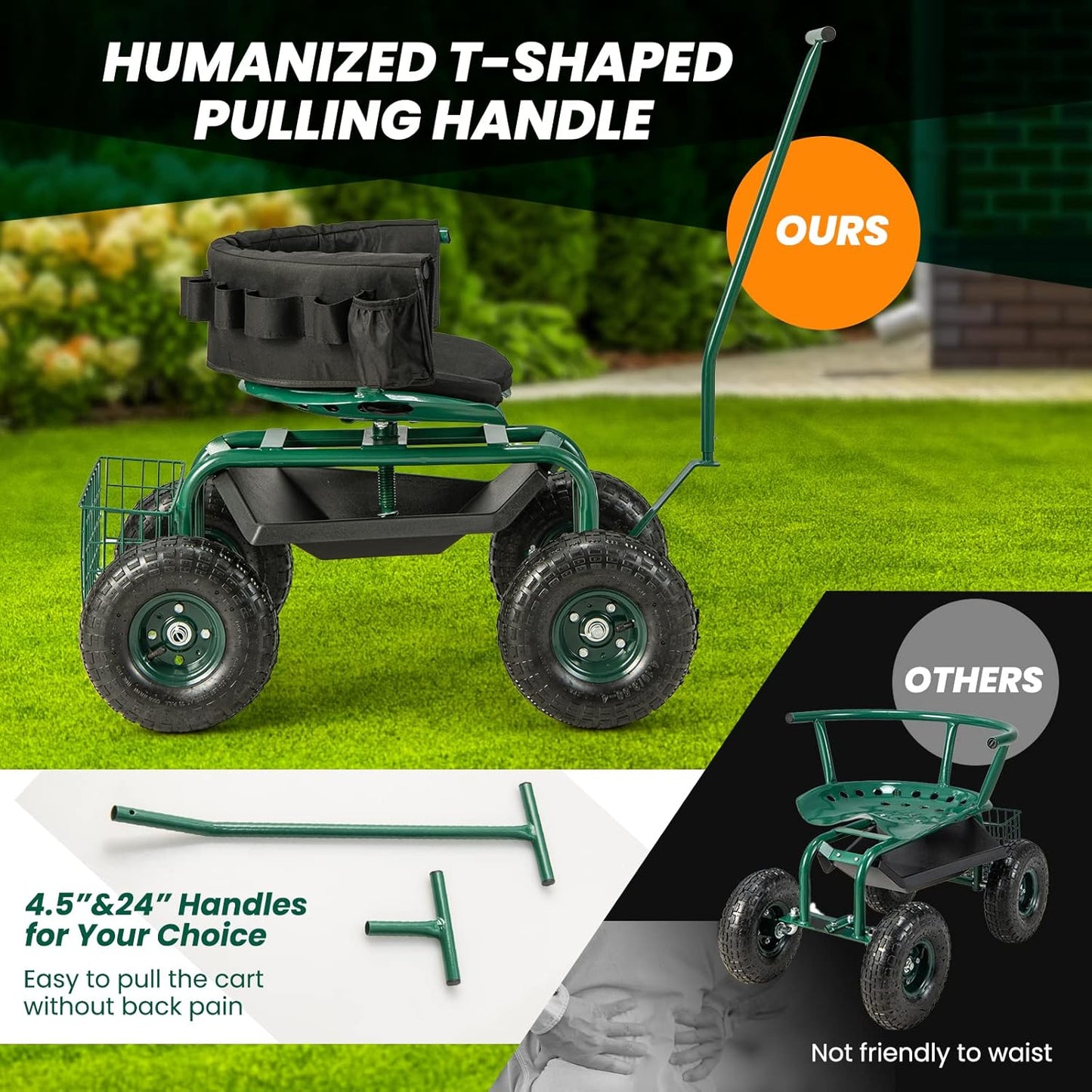 Giantex Garden Cart, Rolling Workseat with 4 Wheels, Tool Tray, Removable Cushion, Storage Basket, 2 Handles, Adjustable Height & 360 Swivel Work Seat, Gardening Stool for Patio Lawn Garden Yard