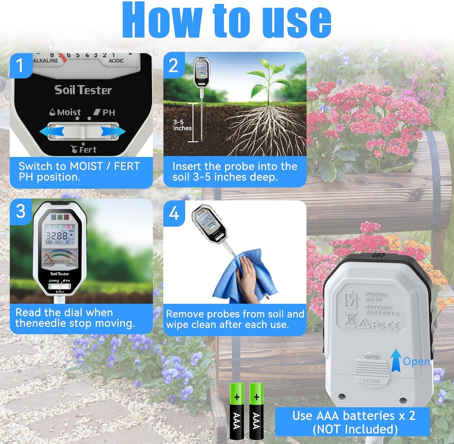 Soil Moisture Meter, 7-in-1 Soil PH Tester/Soil Moisture/Fertility with Removable Probe, Digital Air Temp/Humidity/Sunlight Intensity/BGR Spectral for Plants Gardening, Lawn and Indoor Outdoor Plants