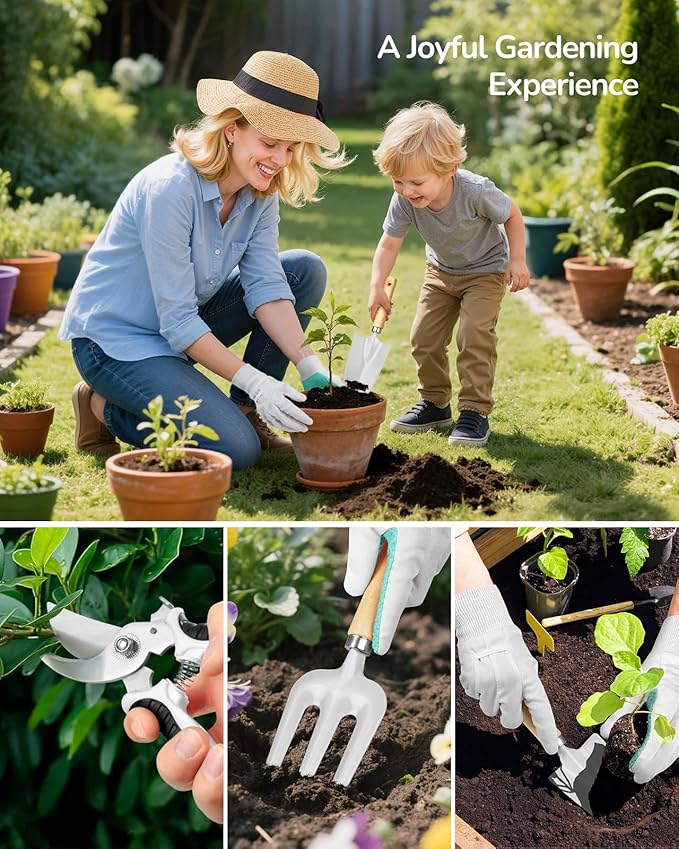 Gardening Tools, 10-Piece Gardening Gift Set for Women, Rust-Proof & Heavy-Duty Tools with Floral Organizer Bag, Fashionable & Thoughtful Gift for Garden Women (Pink White)