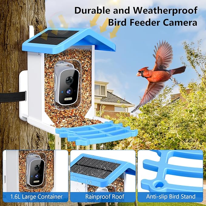 Smart Bird Feeder with Camera, AI Bird Species Identification Solar Powered Panel, 2.5k HD Video Bird House with Camera for Outside Garden, Ideal Gifts for Lover, Blue