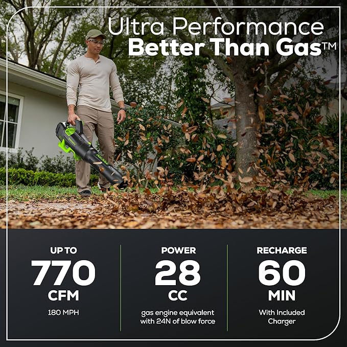 Greenworks 80V (770 CFM/190 MPH) Brushless Cordless Leaf Blower, Commercial-Grade Powerf for Autumn Leaf Composting, Spring Pollen Cleanup and Post-Snow Debris, Includes 4.0Ah Battery & Rapid Charger