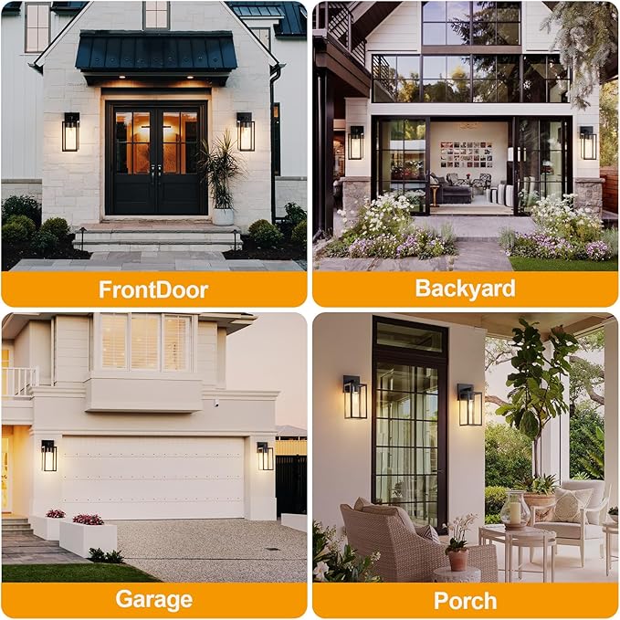 Kalium Porch Lights Outdoor Wall Light Fixture 2pcs, Matte Black, Wall Sconce 12.4 in, Toughened Frame, Clear Glass Shade, Waterproof Lanterns, Suitable for Patio, Exterior, Front, Door, Entryway