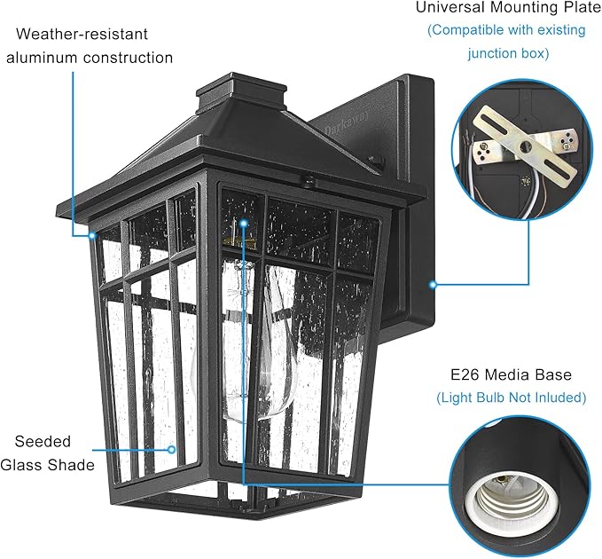 Darkaway Outdoor Sconce Lights Wall Light Fixtures, Front Porch Light Outdoor Wall Anti-Rust Waterproof Aluminum with Glass Exterior Light Fixture for Patio, Yard, Doorway, Garage(2 Pack, Black)