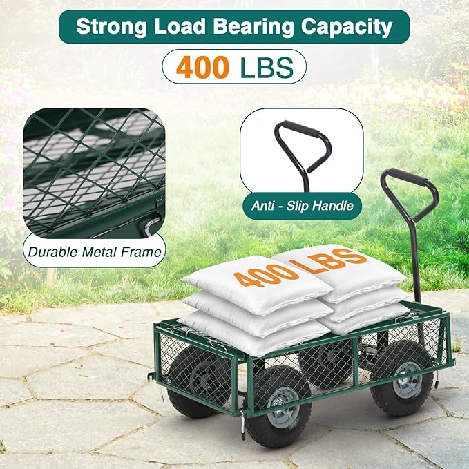 FDW Garden Cart Streel Heavy Duty 500 LBS Capacity,Utility Cart Wagon with Removable Sides and 180°Rotating Handle for Yard, Lawn and Garden Hauler (Green)