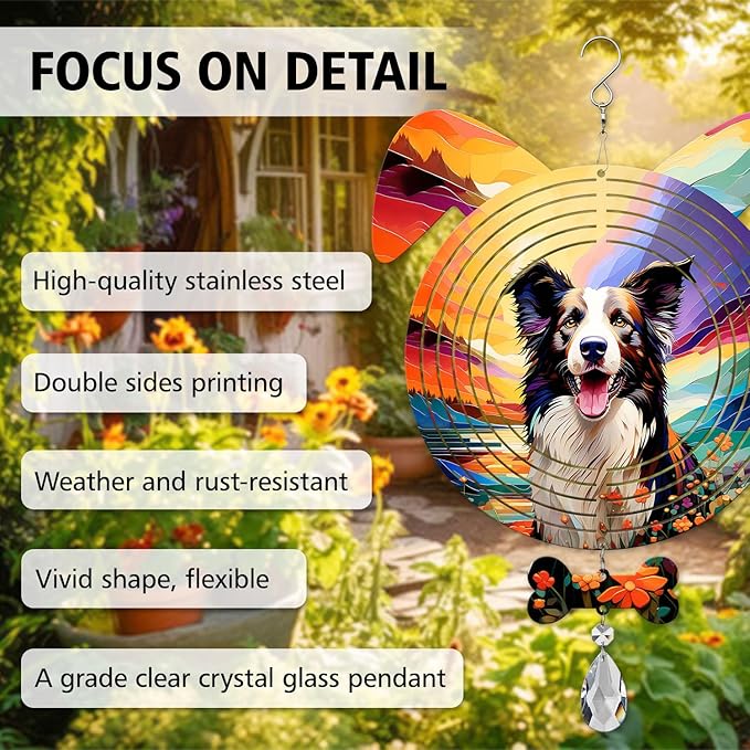 Border Collie Dog Ears Wind Spinner, Border Collie Wind Spinner Hanging for Yard and Garden