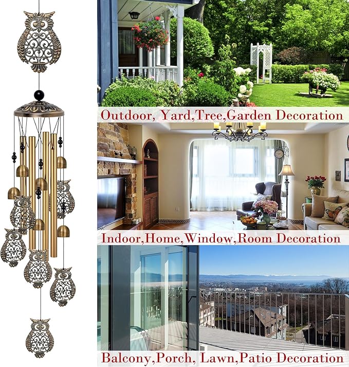 Bronze Owls Wind Chimes Decor, Mobile Blessing Wind Bells Decorate, Sympathy Wind Catcher, Memorial Gifts for Mom,Grandma,Woman (Housewarming/Outside/Indoor/Home/Room/Porch/Yard/Garden Decoration)