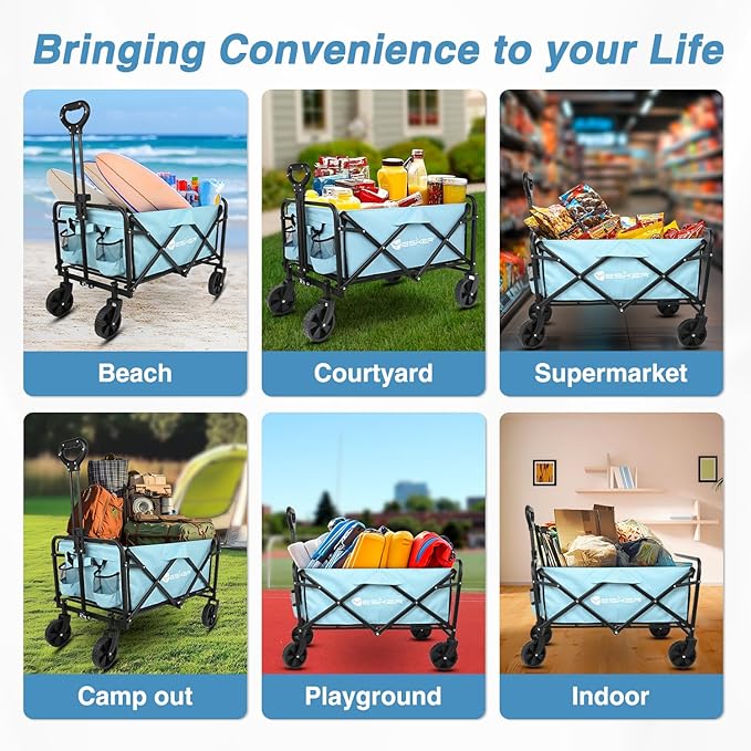 Yesker Foldable Wagon - 220lbs Collapsible Garden Carts with All Terrain Wheels for Outdoor Camping Sports Shopping Gardening - Heavy Duty Portable Utility Trolley (Blue)