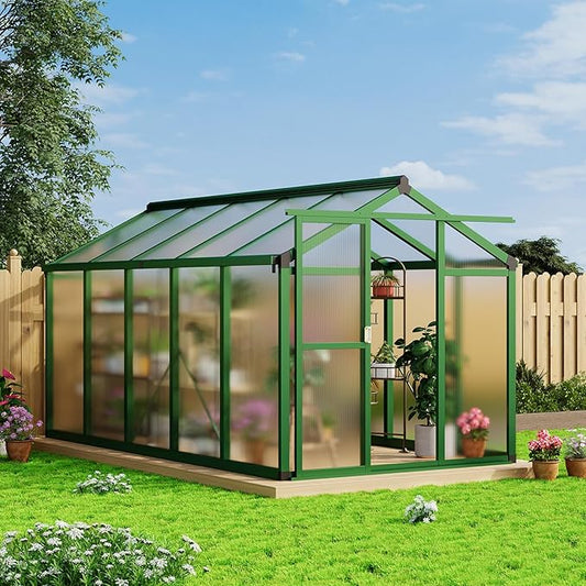 Garvee 6x10 ft Greenhouse - Aluminum Greenhouses for Outdoors, Large Polycarbonate Greenhouse with Roof Vent, Heavy Duty Walk-in Green Houses for Outside Garden, Backyard, Patio, Lawn, Easy Assembly