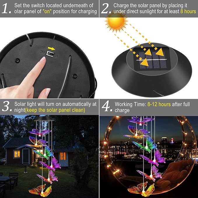 JOBOSI Colorful Butterfly Solar Lights for Outside, Mother's Day Women's Gifts, Solar Butterfly Wind Chimes, Birthday Gifts for Women, Mom, Grandma, Garden Lawn Yard Outdoor Decor Mobiles Wind Chime