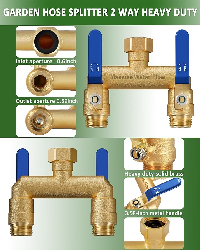 Hose Splitter 2 Way Heavy Duty, Full Flow Garden Hose Splitter with 2 Long Metal Handles, Brass Rust and Freeze Resistant Water Hose Bib Splitter, T Adapter Connector with 3/4 - Inch GHT Thread(Blue)