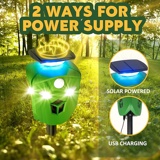 Ultrasonic Solar Powered Deer Repellent Device with PIR Motion Sensor 360° Animal Repellent Equipped with Dual Charging Methods Outdoor Protection for Gardens, Yards, and Farms