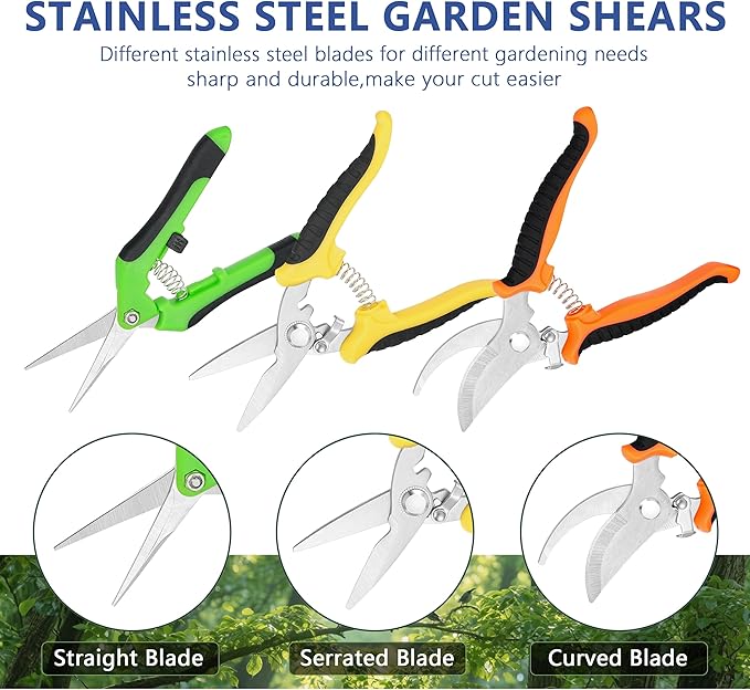 3-pack Garden Pruning Shears Set with Stainless Steel Blades, Bypass Pruners, Handheld Secateurs, Tree Trimmers, with Garden Scissors Whetstone,a Clean Brush and a hard Case