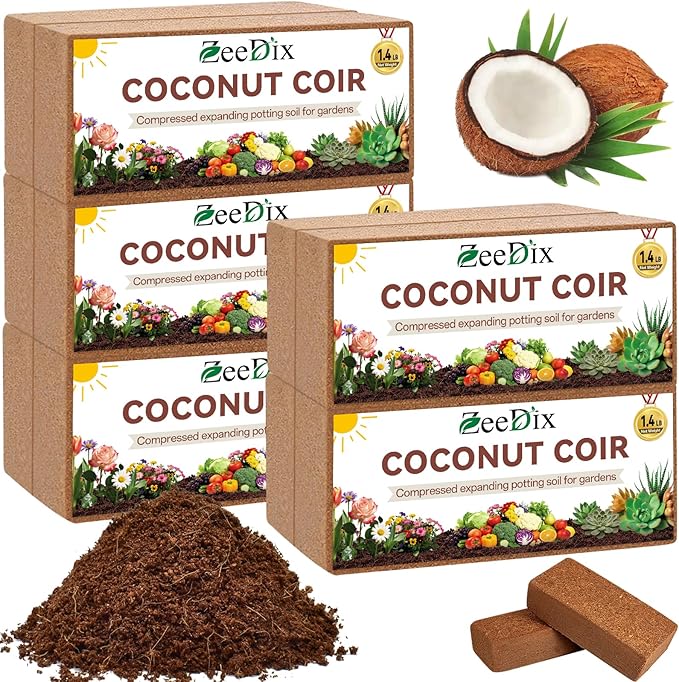 ZeeDix 10 Pack Coconut Coir Bricks, 100% Organic Compressed Coco Coir Brick Seed Starter Potting Soil for Plants, Premium Coconut Fiber Substrate with Low EC & pH Balance for Gardening Flower Herbs
