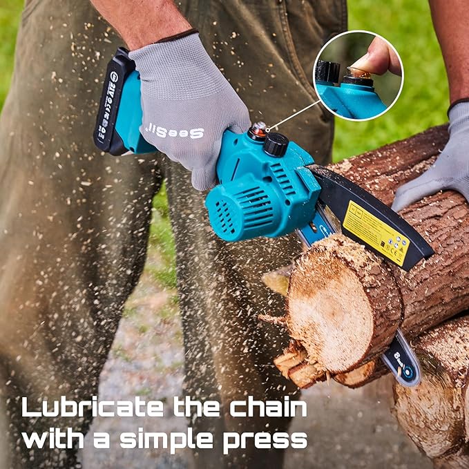SEESII Mini Chainsaw 8 inch,Cordless Chainsaw w/ 2pcs 2000mAh Batteries,Oiler System & Replacement Chain,Handheld Chain Saw w/Safety Lock,Battery Powered Chain saw for Wood Tree Cutting,CH820+