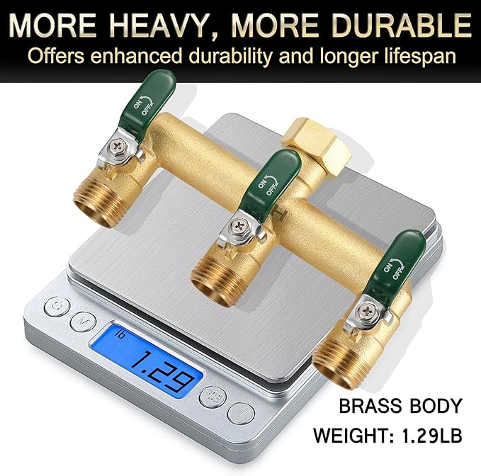 EBH Garden Hose Splitter, 3-Way High Flow Heavy Duty Brass Outdoor Hose Manifold with Long Handles Full Flow Faucet Adapter- 3/4” GHT(Green)