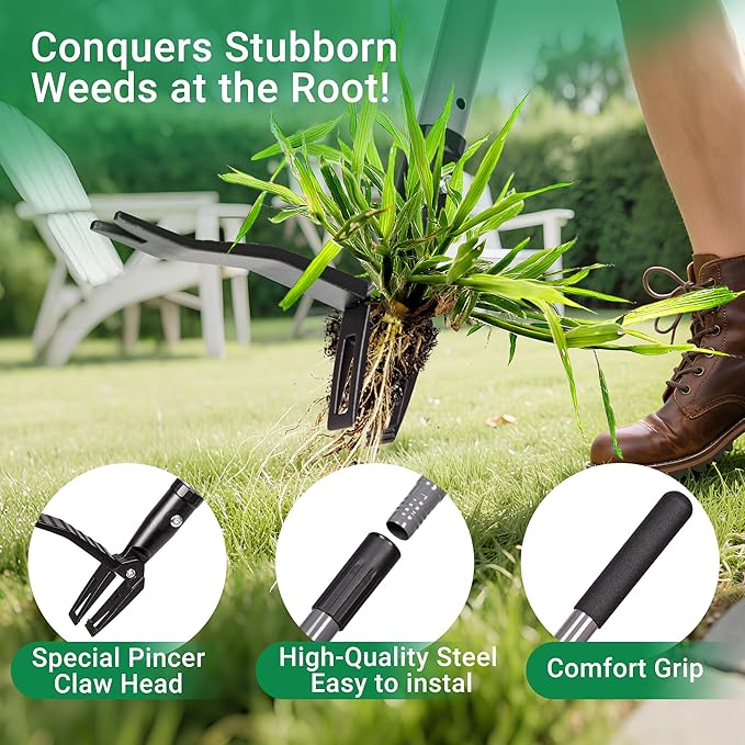 Suchtale Metal Weeder,Stand Up Weed Puller Tool with Long Handle – Heavy-Duty All-Metal Weeder with Upgraded Pincer Claw – Pull Weeds from The Root Without Bending, Pulling, or Kneeling