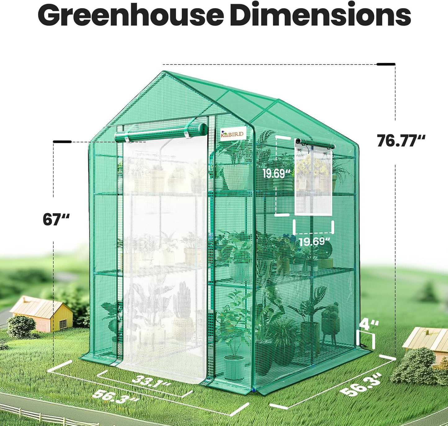KING BIRD Premium Greenhouse for Outdoors, 56 x 56 x 77 Upgraded PE Cover & Steel Frame Walk in Hot House, w/ Zippered Screen Windows Mesh Door, 3 Tiers 14 Shelves for Outside Garden, Green