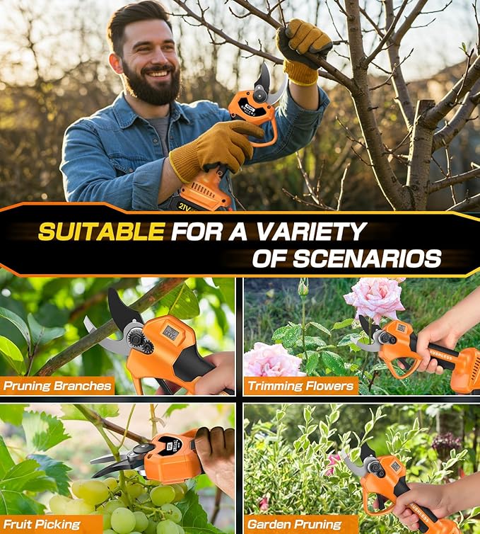 Electric Pruning Shears, Cordless Pruning Shears 1000W Brushless Power Shears 1.4'' Diameter Electric Pruner with LCD Display 2 * 2Ah Battery Pruning Shear Gift for Men Dad Husband Fathers Gardener
