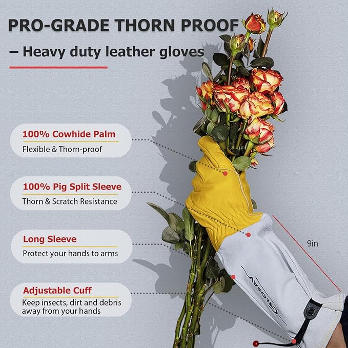 Gardening Gloves Thorn Proof for Rose Pruning & Cactus Trimming, Long Leather Garden Gloves for Women & Men (Small)