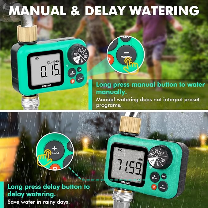 RESTMO Sprinkler Timer with Brass Inlet & Outlet, 3 Separate Programs Hose Timer, Programmable Water Timer for Garden Hose, Manual | Rain Delay | Automatic Watering System for Drip Irrigation and Lawn