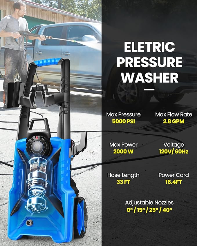 Pressure Cleaner High Power Cleaner with 33ft Pressure Hose, 4 Nozzles and 500ml Foam Cannon for Cars/Fences/Driveways/Patios/Home Cleaning (Light Blue)