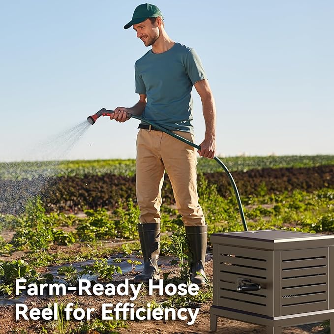 Hose Reel, Heavy Duty Hose Reel Box Hideaway Holds 100 ft x 5/8" Hose, Never-Leak System, Manual Crank Handle, Hose Guide, Stable Foot Pedal, Ideal for Yards, Patios, and Garden Sheds