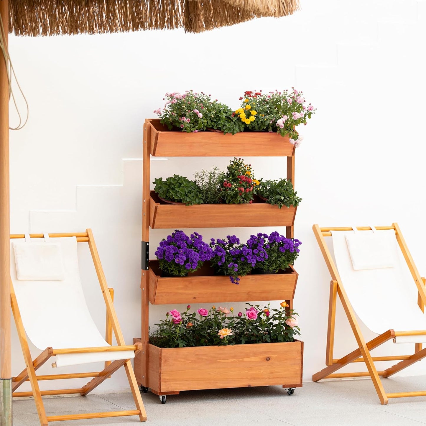 Wooden Elevated Garden Bed, Vertical 4-Storey Wooden Flowerpot Box with Wheels, Adjustable Flowerpot Box, Suitable for Outdoor and Indoor Balconies, Vanilla Garden Gardening Vegetables