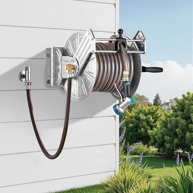 VEVOR Stainless Steel Garden Hose Reel Wall/Floor Mounted, Heavy Duty Manual Hose Winder Holds 150 ft 5/8 in Water Hoses, Outdoor Reel with Brass Fittings & 5 ft Leader Hose for Lawn, Yard, Garage