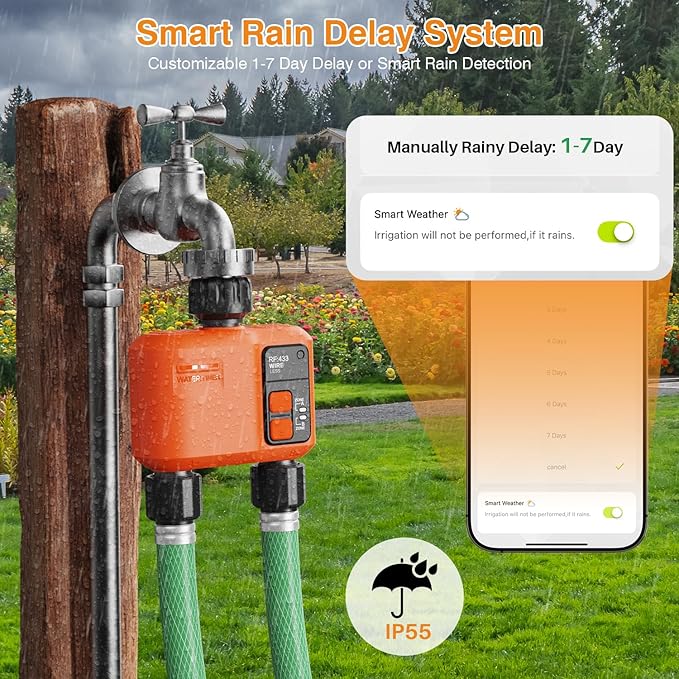 WiFi Water Timer for Garden Hose with 984 ft Range,Smart 2- Zone Sprinkler Timer, APP & Remote Control, Voice Control,Rain Delay, Manual Mode Sprinkler System, Lawn Sprinklers for Yard Large Area