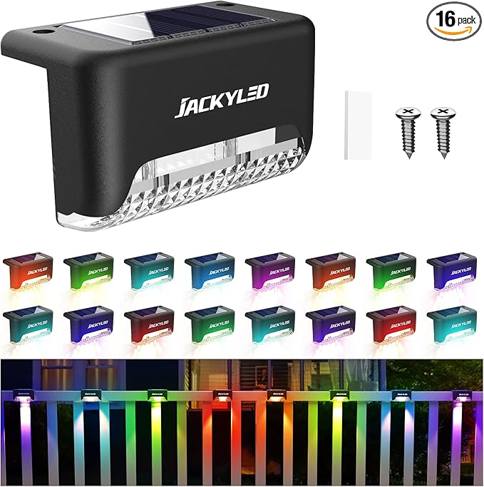 JACKYLED 16 Pack Deck Lights Solar Powered Color Changing, Outdoor Solar Fence Lights Waterproof LED Stair Lights for Patio Step Railing Wall Garden