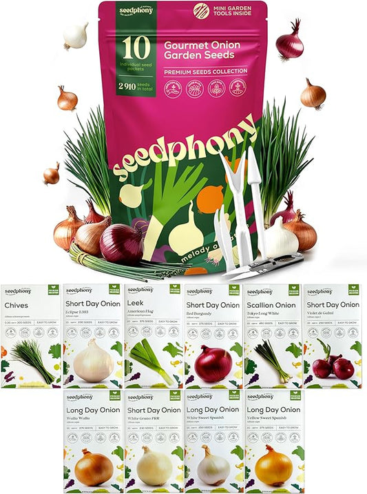 10 Gourmet Onion Seeds for Planting Variety Pack - 2,900+ Non-GMO Heirloom Vegetable Seeds for Growing Indoor & Outdoor: Red Burgundy, Leek, Walla Walla, Grano White & Yellow Sweet Spanish