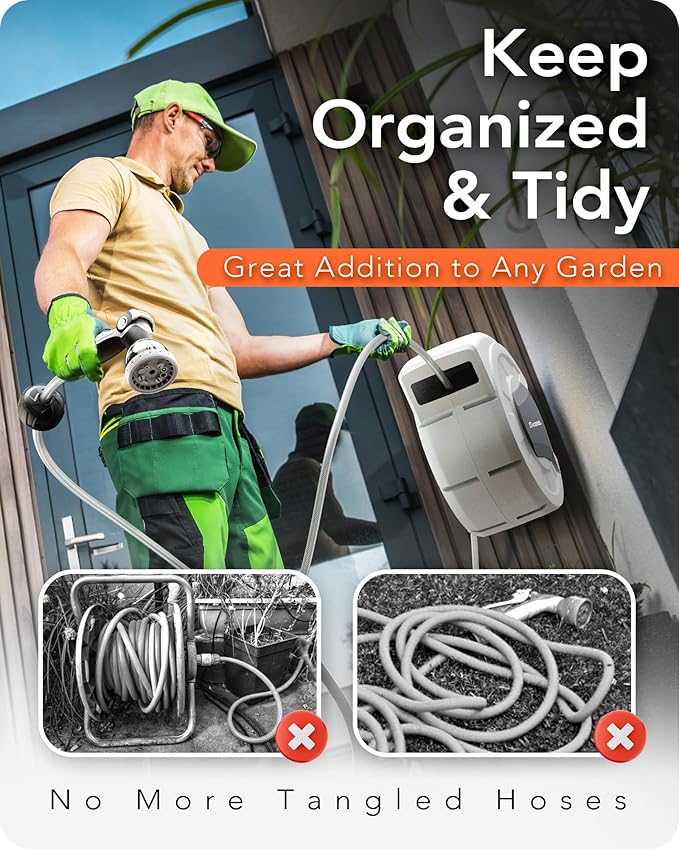 100 FT x 1/2" Retractable Garden Hose Reel by HOZEREEL, Decorative Outdoor Garden Hose Reels - Automatic Self Retract Wall Mount Hose Reel Enclosed Storage, Any Length Lock, 10 Pattern Nozzle-Grey