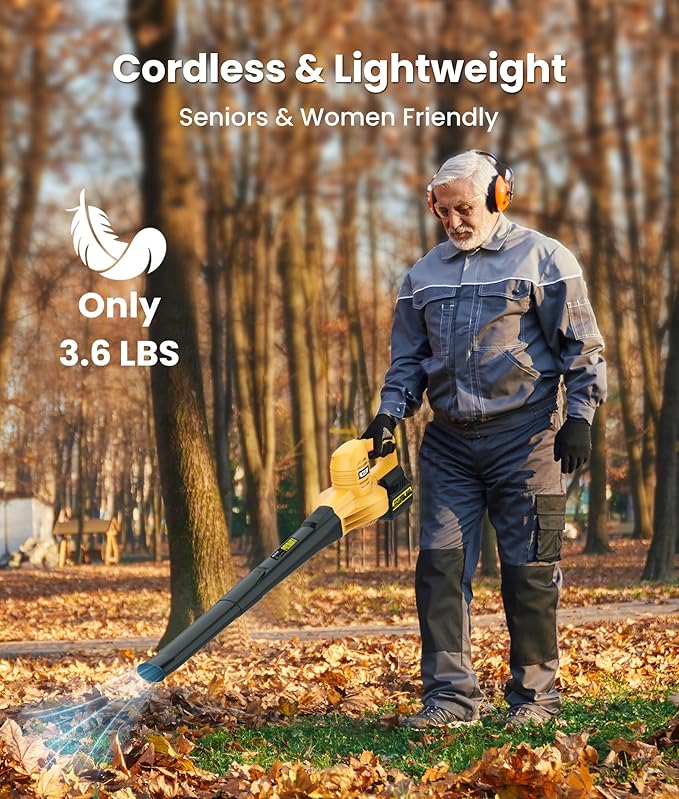 21V Cordless Leaf Blower with 2 x 4.0Ah Batteries and Charger - Powerful 2-Speed Electric Blowers for Lawn Care, Blowing Leaves, Patio, House, Depot, Dust (Yellow)