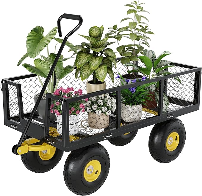 Metal Wagon - 500lbs Garden Cart with 10" Multi-Terrain Tires, 4 Removable Mesh Sides & 180° Swivel Handle, Yard Wagon Cart for Lawn, Yard, Patio Gardening