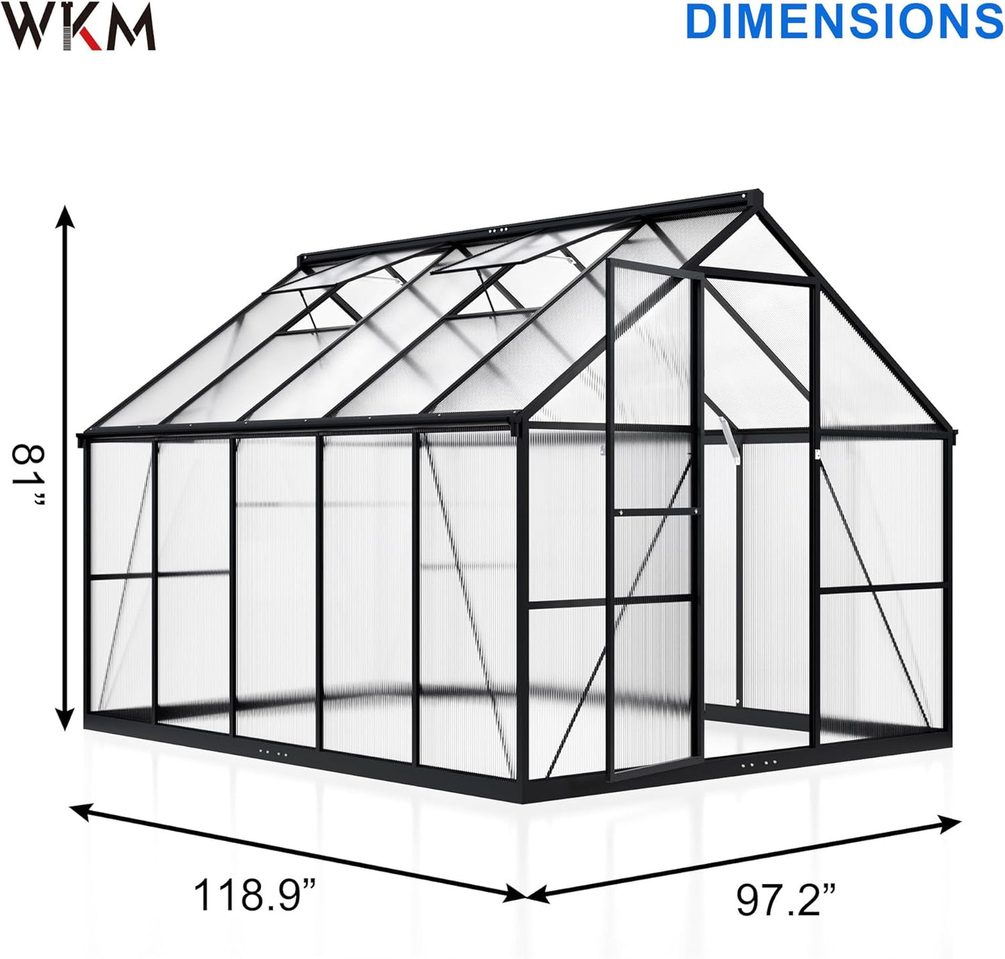 WKM 8x10 FT Greenhouse for Outdoors, Quick-fit Structure Green House with Window for Ventilation, Aluminum Greenhouses for Garden Backyard, Black