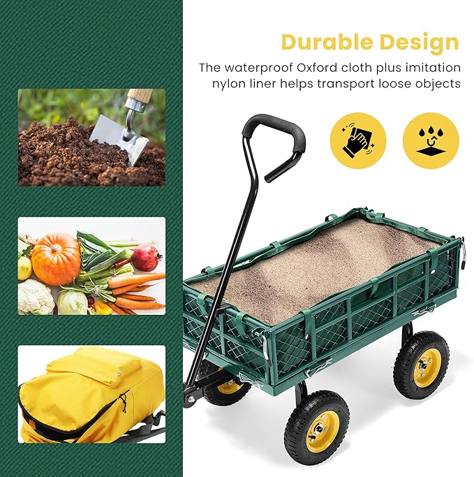 VIVOHOME Heavy Duty 400 Lbs Capacity Mesh Steel Garden Cart Folding Utility Wagon with Removable Sides Green