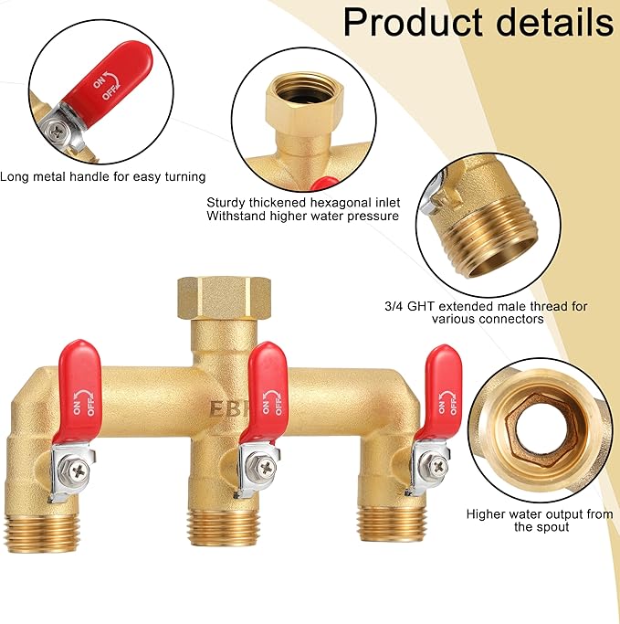 EBH Garden Hose Splitter, 3-Way High Flow Heavy Duty Brass Outdoor Hose Manifold with Long Handles Full Flow Faucet Adapter- 3/4” GHT(RED)