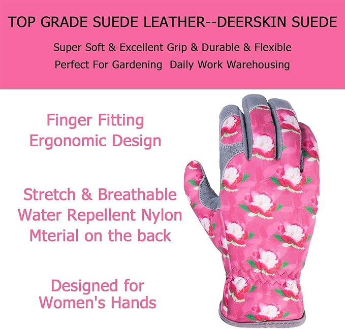 SKYDEER Premium Genuine Deerskin Suede Women's Gardening Gloves, Ultra-Soft Padded, Comfort Fit for Work (SD6612/M)