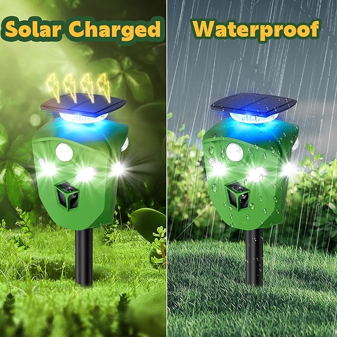 Ultrasonic Solar Powered Deer Repellent Device with PIR Motion Sensor 360° Animal Repellent Equipped with Dual Charging Methods Outdoor Protection for Gardens, Yards, and Farms