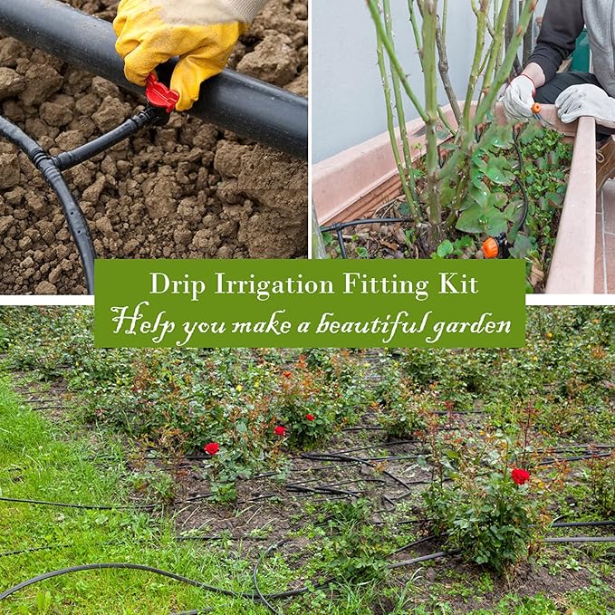 1/4 Inch Drip Irrigation Fittings Kit, 130 Pieces Drip Irrigation Parts for 1/4" Irrigation Tubing for Garden Lawn, Drip Line Barbed Connectors - 60 Couplings, 40 Tees, 20 Elbows, 10 End Plugs