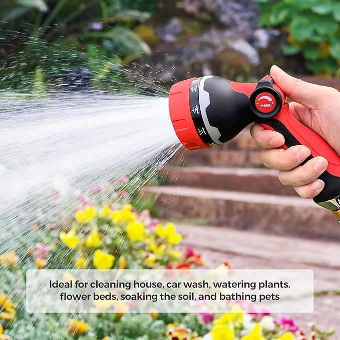 YASQA 50 ft Garden Hose with Nozzle,Lightweight 5/8in Water Hose with 10 Functions Spray Nozzle,3/4'' Heavy Duty Brass Fittings,Durable Kink Free Rubber Pipe for Yard, Car, Pets,Outdoor