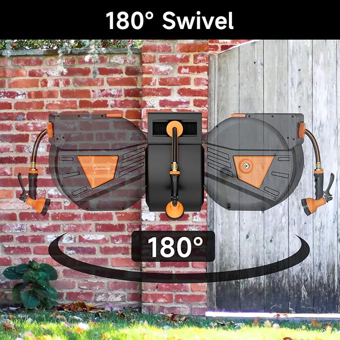 GARDENJOY Retractable Garden Hose Reel, 65 ft x 1/2 inch Heavy Duty Garden Hose with 180°Swivel Wall Mounted Bracket, 10 Pattern Sprayer Nozzle, Any Length Lock & Slow Return System