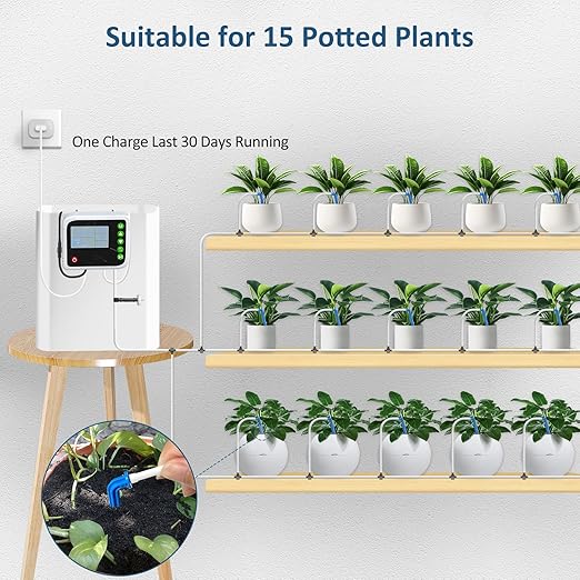 SoulBay Automatic Indoor Drip Irrigation Kit, Programmable Water Timer LCD Display, Self Watering System for 15 Potted Plants, USB Rechargeable