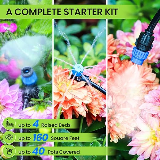 Bonviee 247FT Drip Irrigation System, Automatic Garden Watering System Kit with 50FT 5/16โ & 1/4โ Drip Tubing, Quick-to-Connect Fittings, Adjustable Drip Emitters for Raised Beds, Greenhouse, Lawn