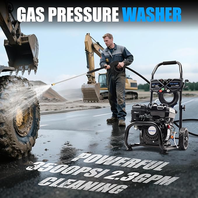 3500 PSI Gas Pressure Washer, 2.3 GPM โ Heavy Duty High Power with 209CC 7HP Engine, 25Ft Pressure Hose, Axial Aluminum Pump, Soap Tank, 4 Quick Connect Nozzles (Black)
