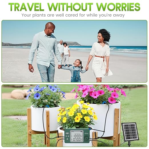 Solar Powered Dual Pump Drip Irrigation Kit for Outdoor Indoor Plants, 2-Zone Smart Self-Watering System with USB Charging, Automatic Plant Waterer for Garden Patio Balcony Vacation