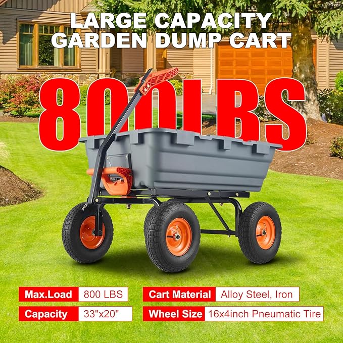 Generic Heavy Duty Garden Dump Cart, 800 Lbs Capacity Poly Utility Cart with 10in Pneumatic Tires & Rotating Handle for Yard, Garden, Lawn