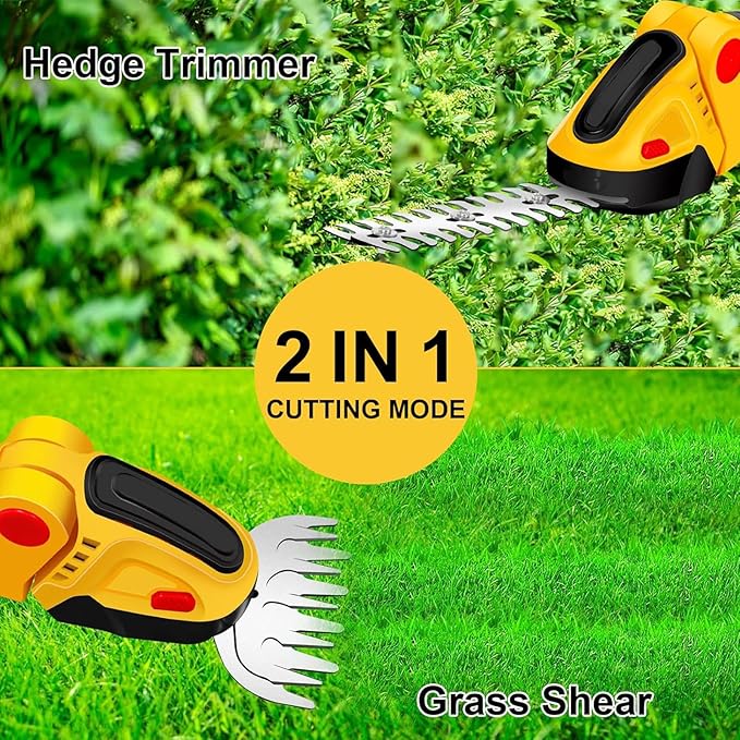 24V Cordless Hedge Trimmer & Grass Shear, 2 in 1 Handheld Shrubbery Trimmer Electric Grass Trimmer, Lightweight & Safe Grass Cutter/Hedge Shear with 2 Pcs Rechargeable Batterys and Charger